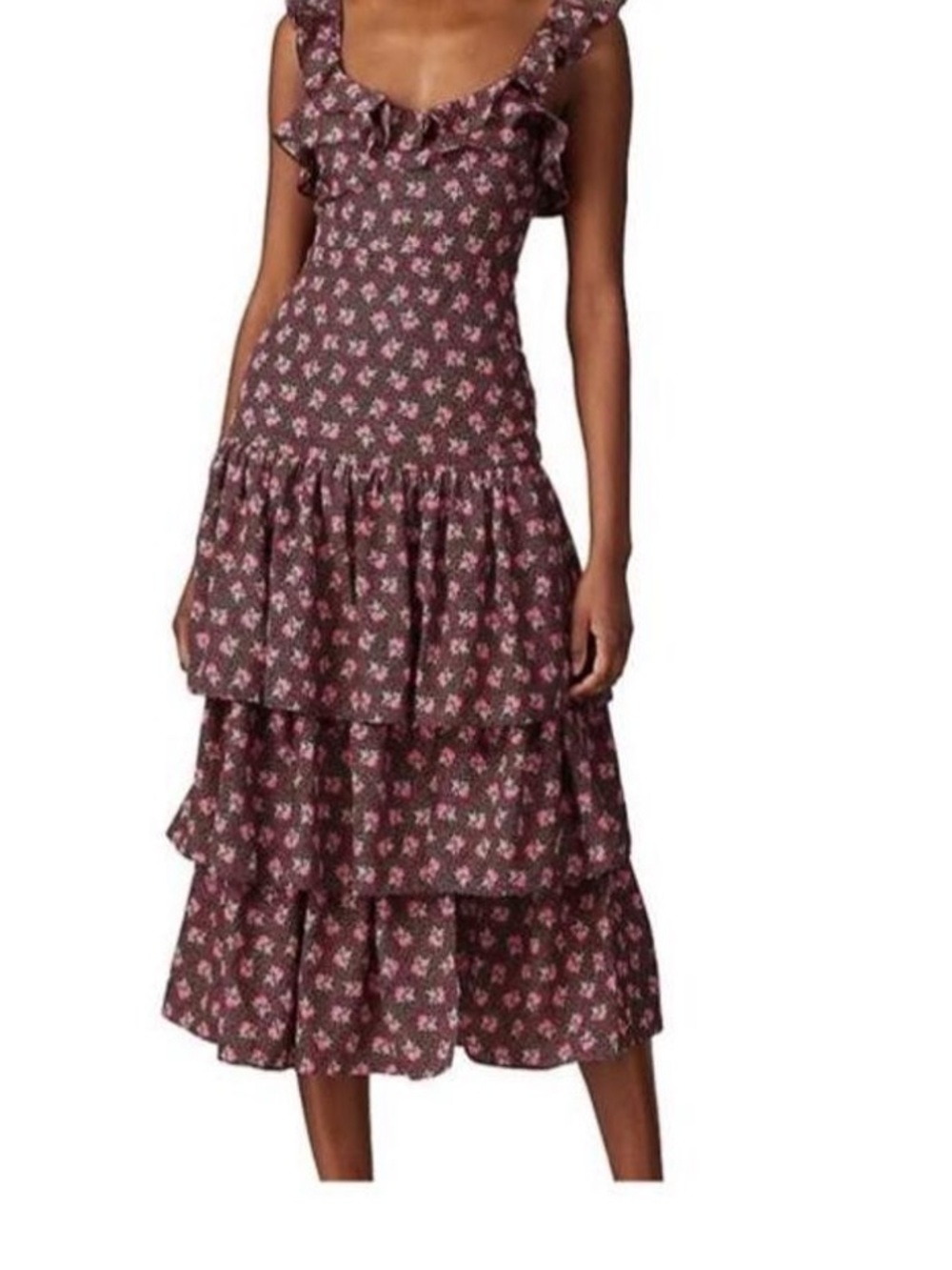 Likely Black Floral Tiered Midi Dress Sz S